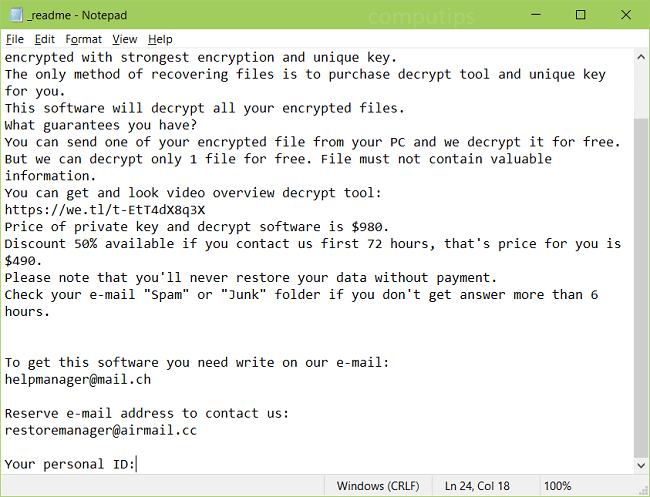 A screenshot of orkf’s ransom note: ATTENTION! Don't worry, you can return all your files!
All your files like pictures, databases, documents and other important are encrypted with strongest encryption and unique key.
The only method of recovering files is to purchase decrypt tool and unique key for you.
This software will decrypt all your encrypted files.
What guarantees you have?
You can send one of your encrypted file from your PC and we decrypt it for free.
But we can decrypt only 1 file for free. File must not contain valuable information.
You can get and look video overview decrypt tool:
https://we.tl/t-EtT4dX8q3X
Price of private key and decrypt software is $980.
Discount 50% available if you contact us first 72 hours, that's price for you is $490.
Please note that you'll never restore your data without payment.
Check your e-mail 