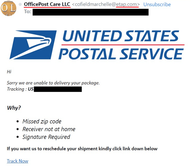 fake email from United States Postal Service